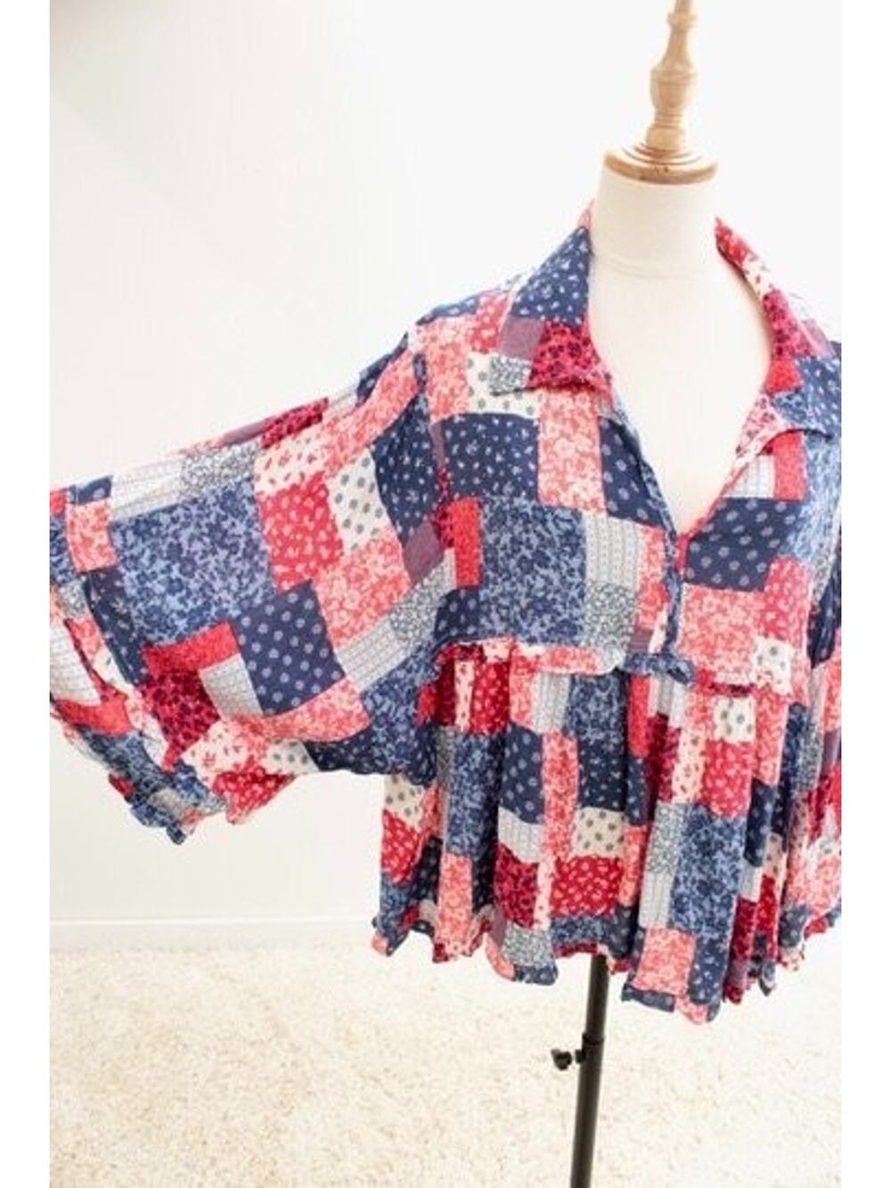 New Rockin' C Oversized Peasant Blouse XL Tunic Top Patriotic Red White Blue